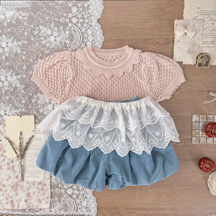 2026 Summer Casual Children Knit Blouse Girls Scalloped Neck Puff Sleeve Openwork Top Soft Lightweight Gentle Tee