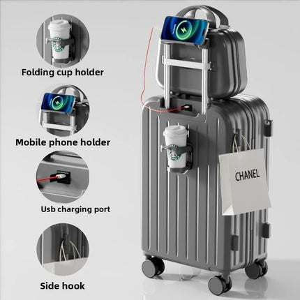 20 Inch Multifunction Large Capacity Luggage Business Carry on Boarding USB Charging Cup Holder 360° Spinner Wheels Suitcase