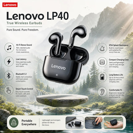 LenovoLP40 Bluetooth Earphones TWS Immersive Sound HIFI With Mic Wireless  Headphones Touch Control HD Call Game Earbuds fashion