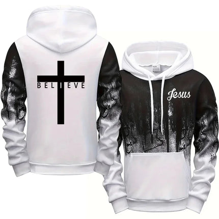 Jesus Christ Style Hoodies for Men High Quality Cross Printed Hooded Sweatshirts All Season Daily Casual Sporty Fashion Pullover