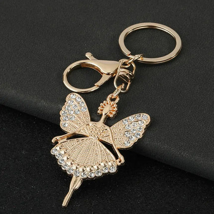 Cute Ballerina Keychain Diamond Encrusted Ballet Girl Keychain Rhinestone Ballerina Pendant with Rotating Lobster Clasp