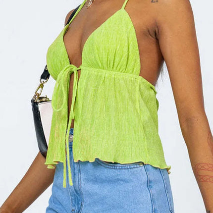 Women's Halterneck Crop Tops Summer Solid Color Bandage Open Front Backless Sleeveless Green Tops Y2K Streetwear