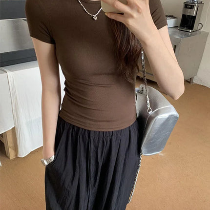 Basic Solid Crop Top Short Sleeve Crewneck Skinny T-shirt Summer Casual Tee for Women Y2K Vintage Top Harajuku Streetwear