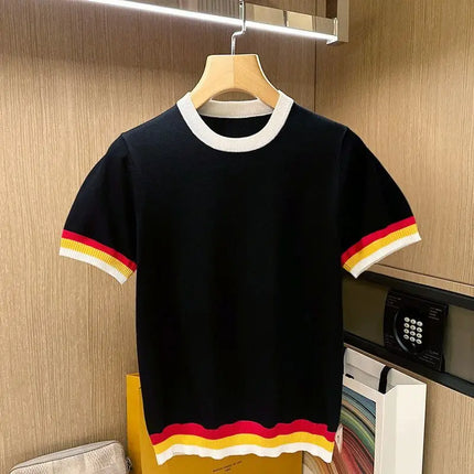 Summer Men Knitted T-shirts O'neck Short Sleeve Rainbow Patchwork Tops