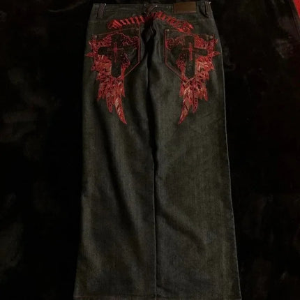 American Retro Y2K High Street Gothic Embroidered Men Black Red Pattern High Waist Jeans Street Couple Casual Pants
