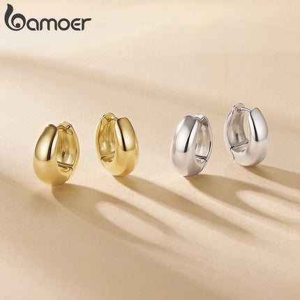 BAMOER White Gold Plated 925 Sterling Silver Post Glossy Hoop Earrings, High Polished Trendy Fashion Jewelry for Women Bijoux