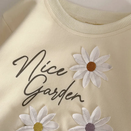 Autumn Toddler Baby Girls Outfit Printed Embroidery Lace Hem Round Neck Sweatshirt Solid Elastic Waist Pants Spring Clothes