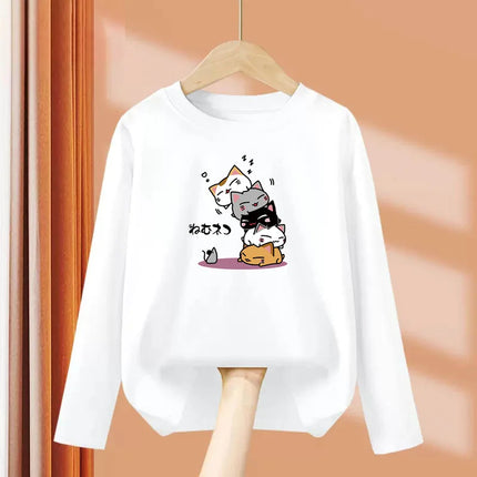 Childrens Spring Autumn T-shirt Human Pyramid Cat Cartoon Shirt Boys Girls Long Sleeved Top Cotton Clothing
