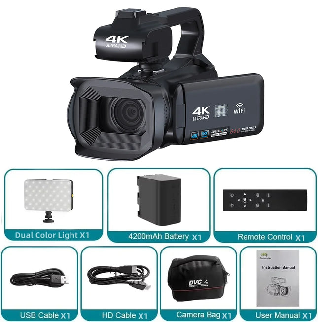 Full 4K Camcorder 64MP Youtuber Professional Digital Video Camera Streaming Auto Focus Photography Vlog Recorder 4" Touch Screen
