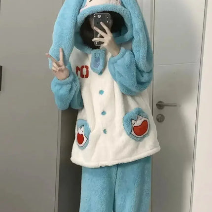 Cute Hatsune Miku creative anime picture soft and comfortable skin-friendly coral velvet thickened warm home wear pajamas set