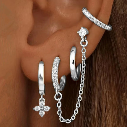 4PC Chain Huggie Earring Set For Women Fashion Flower Tragus Hoop Earrings Bulk Cartilage Piercing Helix Jewelry Lobe Earing Lot