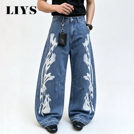 LIYS Men's Retro Grunge Punk Print Wide Leg Jeans Streetwear Baggy Denim Pants Suitable for Gatherings Casual Daily Commuting