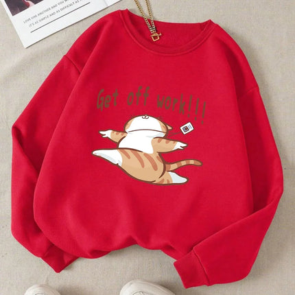 Get Off Work Happy Cat Prints Hoodies Women Winter Basics Pullovers Fleece Warm Soft Sweatshirts Casual Woman Autumn Clothes
