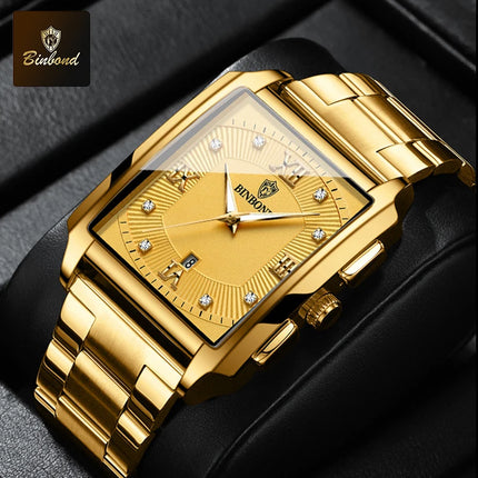 BINBOND Luxury Quartz Watch for Men Golden Square Large Dial 30M Waterproof Leather Strap Wrist Watches Date Display Men's Watch