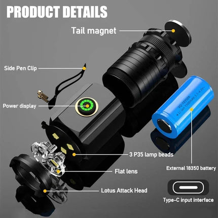 3 F350 LED Mini Flashlight Powerful Type-C Rechargeable 18350 Battery Torch SST20 2000LM Lamp with Tail Magnet Tactical Lantern