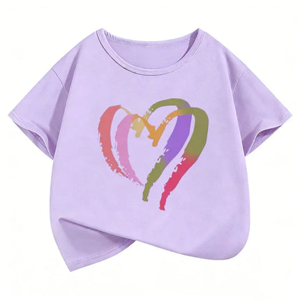 Colorful Love Heart Fashion Crew Neck Short Sleeve T Shirts Kids Children's T-shirt Boys Girls Summer Spring Casual Top Tee