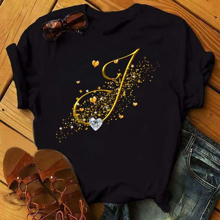 Custom Name Letter Combination Fashion Women T-shirt Diamond Gold Letter Font A B C D E F G Short Sleeve Tops Black T-shirt