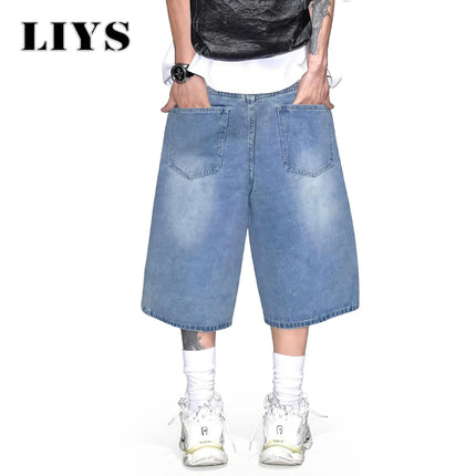 LIYS Men's Simple Light Blue Retro Ultra Baggy Wide-Leg Denim Shorts Student Youth Street Casual Oversized Baggy Jeans Unisex