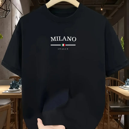 Men's 100% Pure Cotton Fashionable Casual Loose Italian Style Milan Letter Print Round Neck Short Sleeve T-Shirt Top