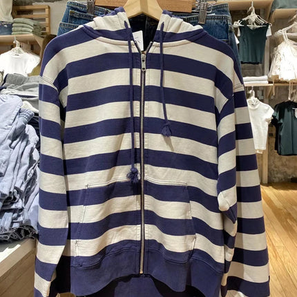 Striped Patchwork Zip-up Hoodie Autumn Cotton Pocket Drawstring Hooded Sweatshirt Women Y2k Streetwear Vintage Loose Tops Jacket