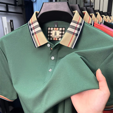Men's high-end silky cotton breathable short-sleeved polo shirt, new summer trend, plaid lapel, designer brand, casual golf T-shirt