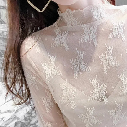 Sexy Black Hollow Out Mesh T-Shirt Transparent Mesh Female Tops Long Sleeve Basic Shirts SeeThrough Turtleneck Women Tshirts