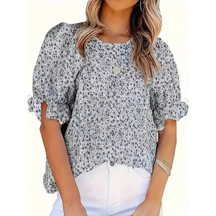 Plus Size 1XL-5XL Puff Short Sleeve Women's Shirts Round Neck Loose Fitting Blouse Fashionable Casual Ladies Cropped Tops