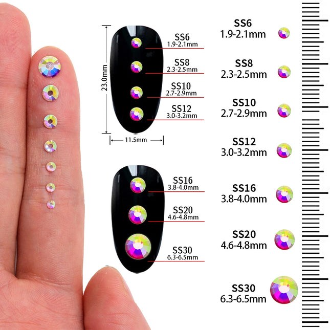 QIIY Mixed Size SS6-SS30 Glass Hot Fix Rhinestones Crystal Flatback Iron On Stones For DIY 3D Nail Art Fabric Clothes Decoration