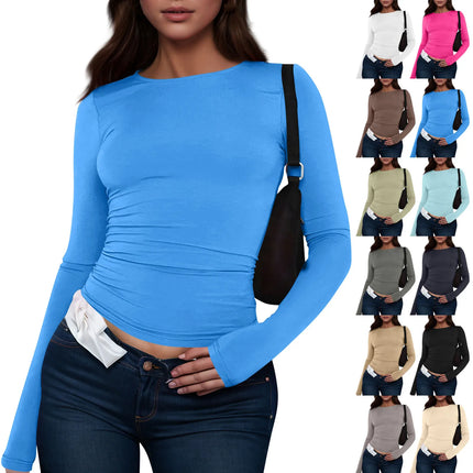 Women Fashion Casual Long Sleeve T-Shirt Lady Minimalist Style Solid Color Round Neck Top Female Casual Skinny Daily Clothes
