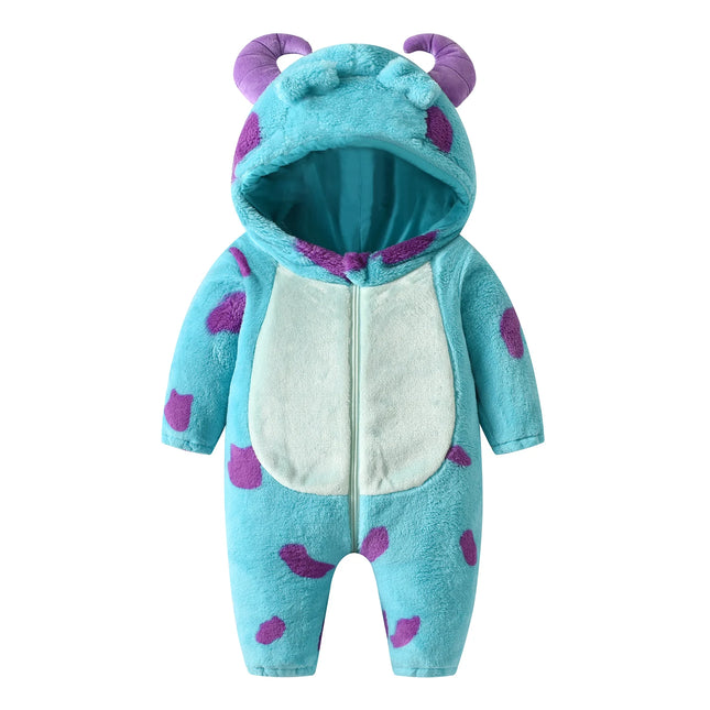 Infant Fleece Jumpsuit Cartoon Animal Horn Hooded Warm Thick Winter Rompers Outwear Snowsuit for Baby Girls and Boys