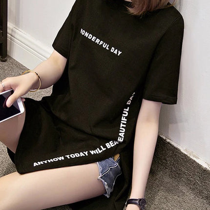 WONDERFUL DAY Print Long T shirts Summer Women Loose Slit Femme Tops  Tshirt Short sleeve Ladies t-shirt