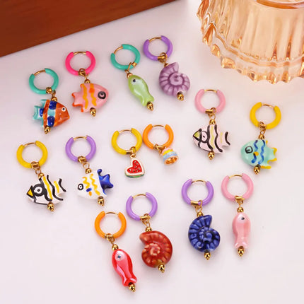 1Pair Trendy Ceramic Hand-painted Tropical Fish Y2K Girl Hoop Earrings Cute Sea Animal Conch Shell Summer Women Aretes Jewelry