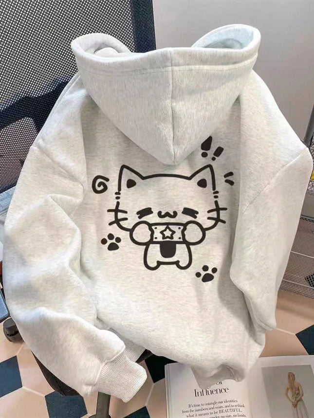 Cute Cartoon Cat Print Women Hoodies 2025 Winter Autumn Clothes Y2k Sweatshirt Top Hoodie Long Sleeve Women's Casual Clothing