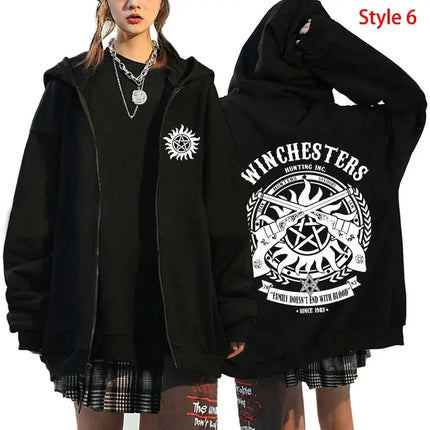 Fashion Unisex Autumn Winter Coat Supernatural Print Zipper Hoodie Casual Long Sleeve Tops Women Men Harajuku Zipper Sweatshirt