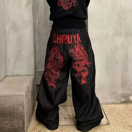 American retro embroidered pattern hip-hop jeans suitable for both men and women Y2K street cool floor length wide leg pants