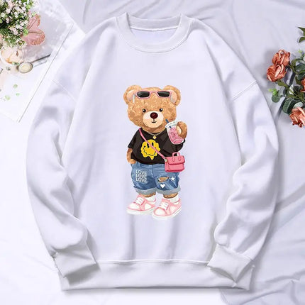 Bear Sister Drinking Milk Tea Printing Women'S Hoody Autumn Warm Fleece Sweatshirt Casual Hoodies Hip Hop Loose Pullovers Top