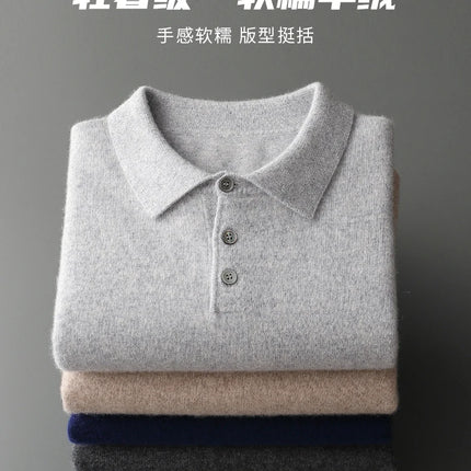 Men's POLO Collar Knitted Pullover Sweater 100% Cashmere Long Sleeved Shirt Casual Business Solid Color Men's Tops Autumn Winter
