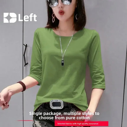 High-End Pure Cotton T-Shirt Women's Summer 3/4 Sleeve 2025 New Korean Style Fashionable Simple Slimming Top Body Shirt