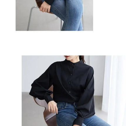 Spring Fashion Women Solid Stand Collar Casual Elegant Fashion Women's Top Clothing Blouse Shirt Lantern Long Sleeve Women's Shirts