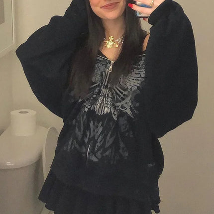 Gothic Butterfly Print Oversize Zip Up Hoodies 2025 Winter New Grunge Long Sleeve Sweatshirt Casual Hooded Jacket Streetwear