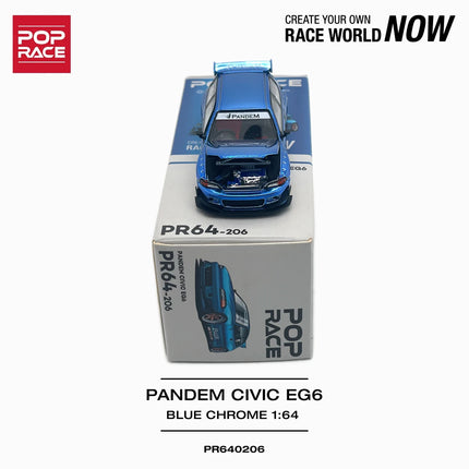 In Stock Pop Race PR640206 1:64 Honda Civic EG6 Pandem Widebody Kit Blue Chrome Diecast Model Car