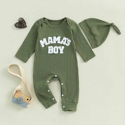 Pudcoco Infant Newborn Baby Boy Bodysuits Letter Embroidered Ribbed Long Sleeve Round Neck Fall Jumpsuits Hat Outfits 0-18M