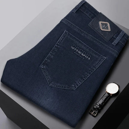 2025 Autumn Winter New High Elasticity Men's Business Jeans Haze Blue Black Gray Denim Trousers Men's Pants Work Clothes Brand