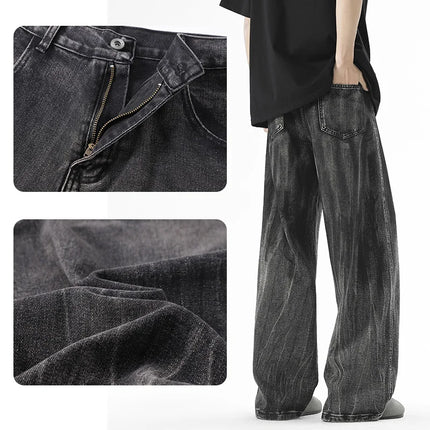 Fashion Jeans Wide-Leg Pants Men's Loose Old Jeans American Hip-hop High-waisted Jeans Ripped Print Casual High Street Trousers