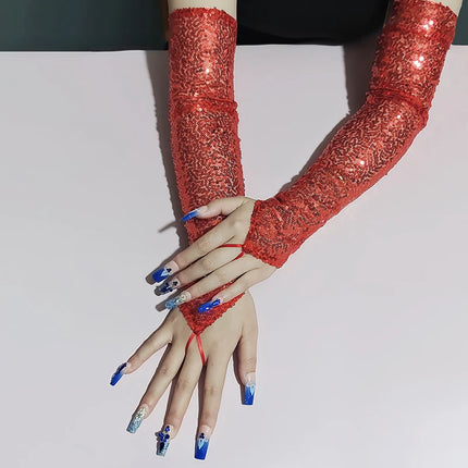 50cm Sequins Long Hook Finger Women Gloves Nightclub Stage Performance Party Sexy Cosplay Clothing  Long Fingerless Mittens