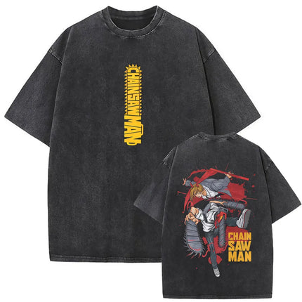 Washed Vintage Anime Chainsaw Man Makima Merch T-shirt Men Women Manga Casual Oversized T Shirts Male Retro 100% Cotton T-shirts