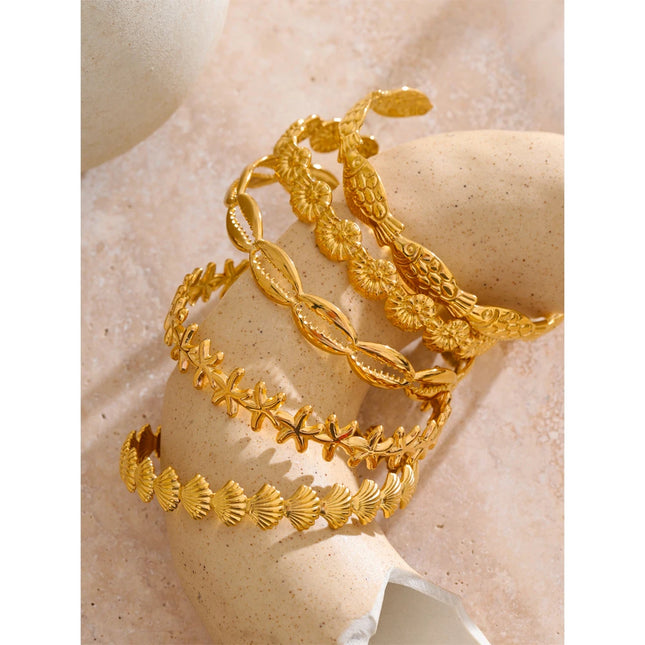 Yhpup Summer Ocean Style Fish Shell Starfish Cuff Open Bracelet Bangle 18K Gold Color PVD Stainless Steel Jewelry Wholesale Gift