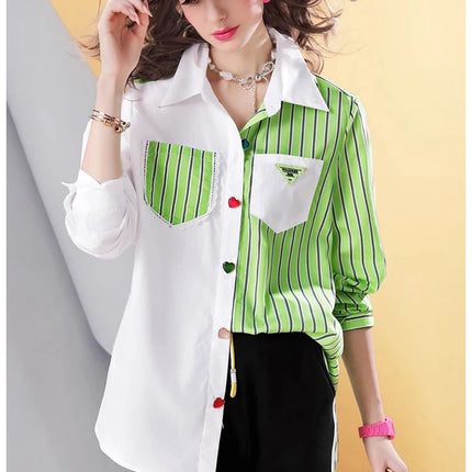 Spring new striped stitching high-end temperament casual women's shirt top for women