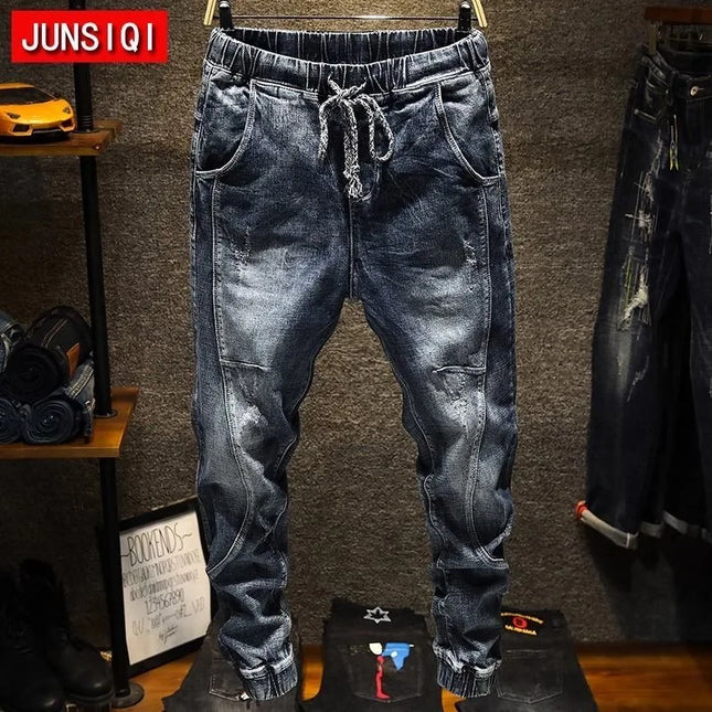 Autumn and Spring New Fashion Retro Straight Leg Elastic Harlequin Pants for Men Loose Sports High Quality Denim Long Pants