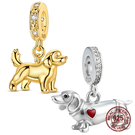 Hot Sale Dachshund Charms 925 Sterling Silver Golden Retriever Puppy Dangle Pendant Fit Bangle Bracelet Necklace DIY Jewelry